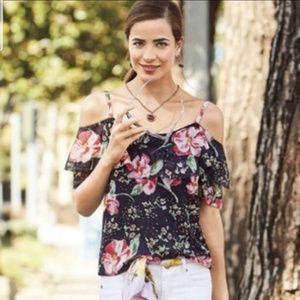 CAbi NWOT Cold Shoulder Floral Blouse w/ Ruffles